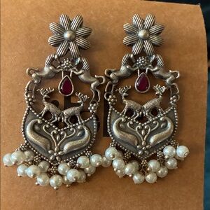 Elegant Silver and Red Stone Earrings with Elk and Horses